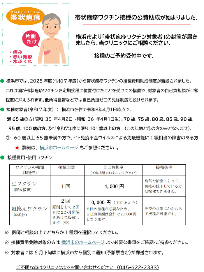 帯状疱疹ウイルスワクチン接種の公費助成のお知らせ